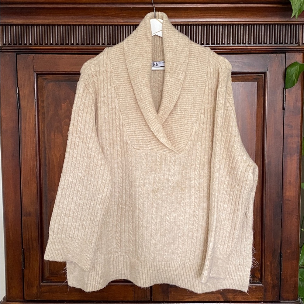 Zara Cable Oversized Knit Mohair / Alpaca blend shawl collar pullover sweater